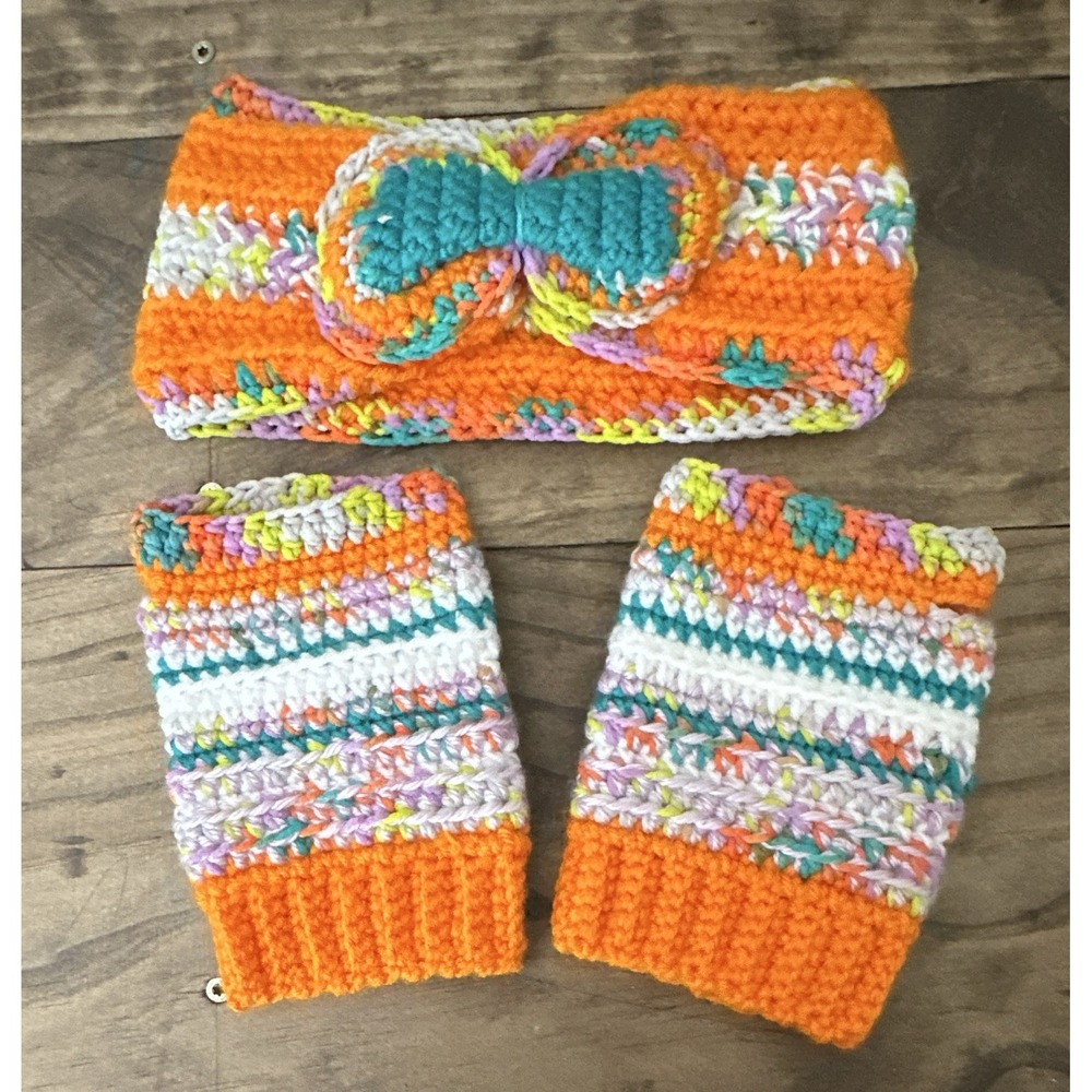 Handmade Crochet Fingerless Gloves & Headband Set Orange Multicolor Bow